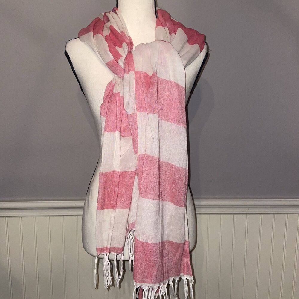 Brooks Brothers 346 Pink White Striped Scarf Wrap Fringe Shawl Preppy Coquette